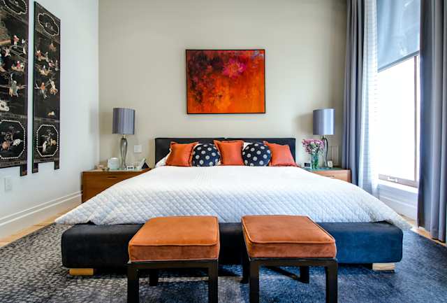 Garish colours and fabrics, as well as clashing artworks
