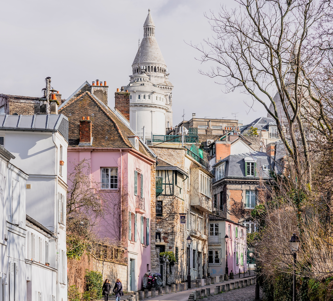 Colourful, cobblestone street in Montmartre, Paris