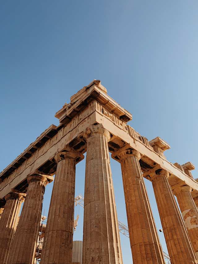 A low-angle view of the Parthenon at the Acropolis, Athens, Greece