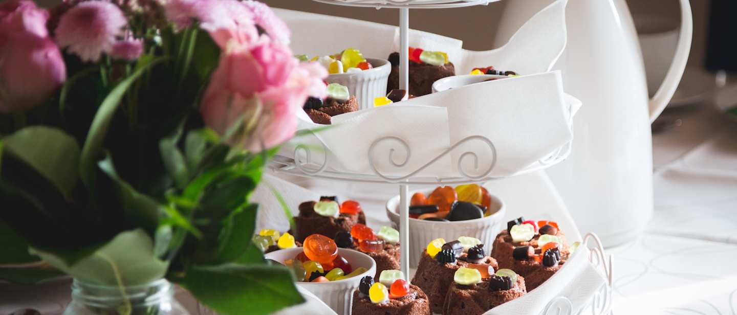 Afternoon tea stand of sweet and cakes