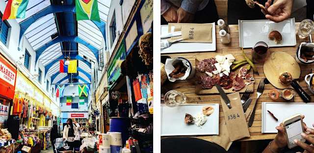 Brixton market and food served in one of its restaurants