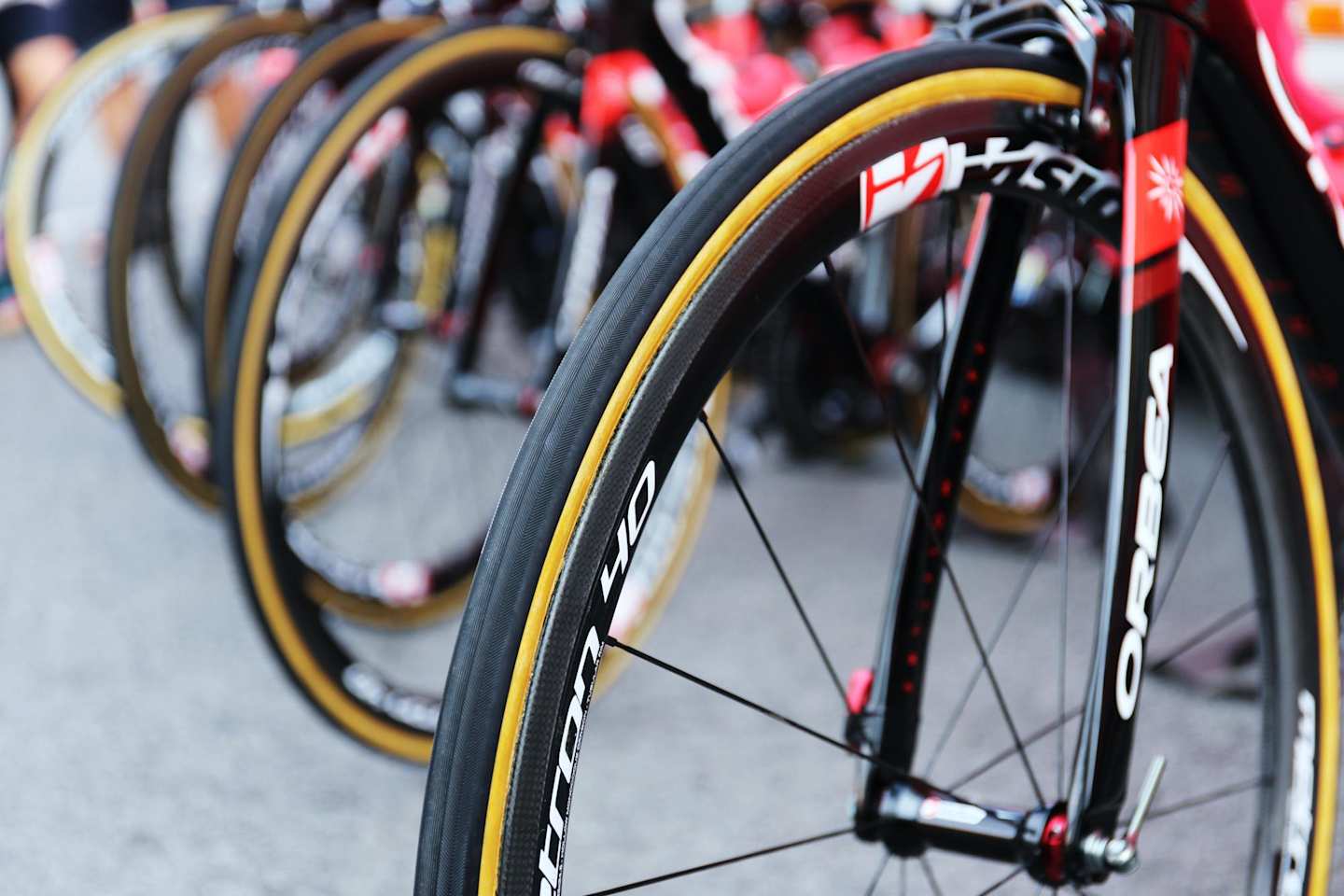Close up of the wheel on a racing bicycle