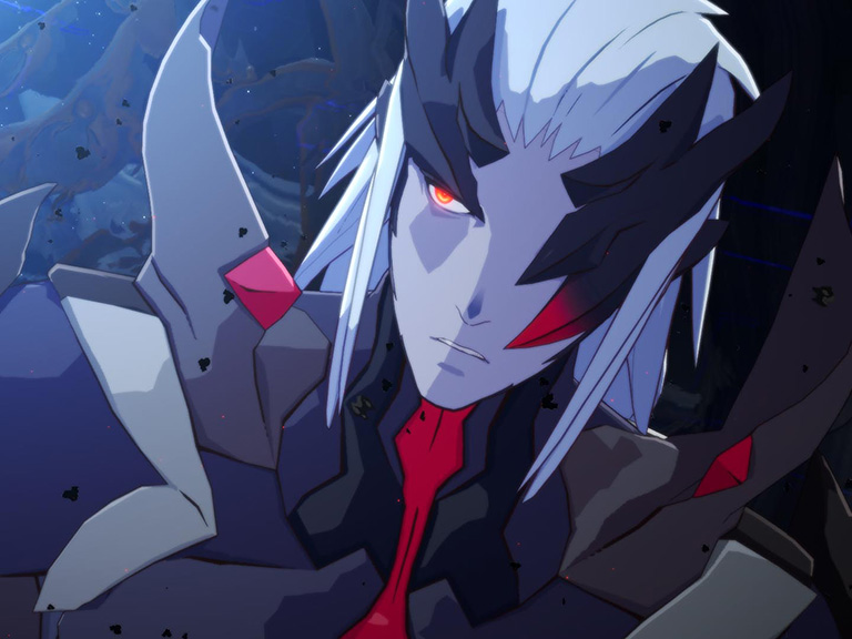 Close up of Voldigen. He has white - grey hair, black headgear covering one eye, pops of red on his uniform, and red eyes. 