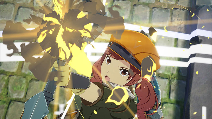 Close-up of the face of a character as she hold her weapon up to block a blow. 