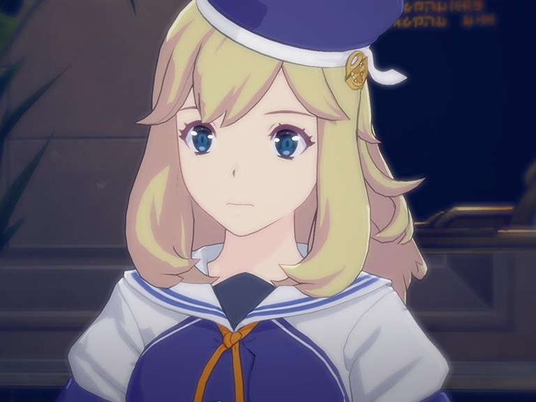 A close up of Millie.  She has blonde hair, blue eyes and she wears a blue and white Development Bureau uniform that includes a cap.