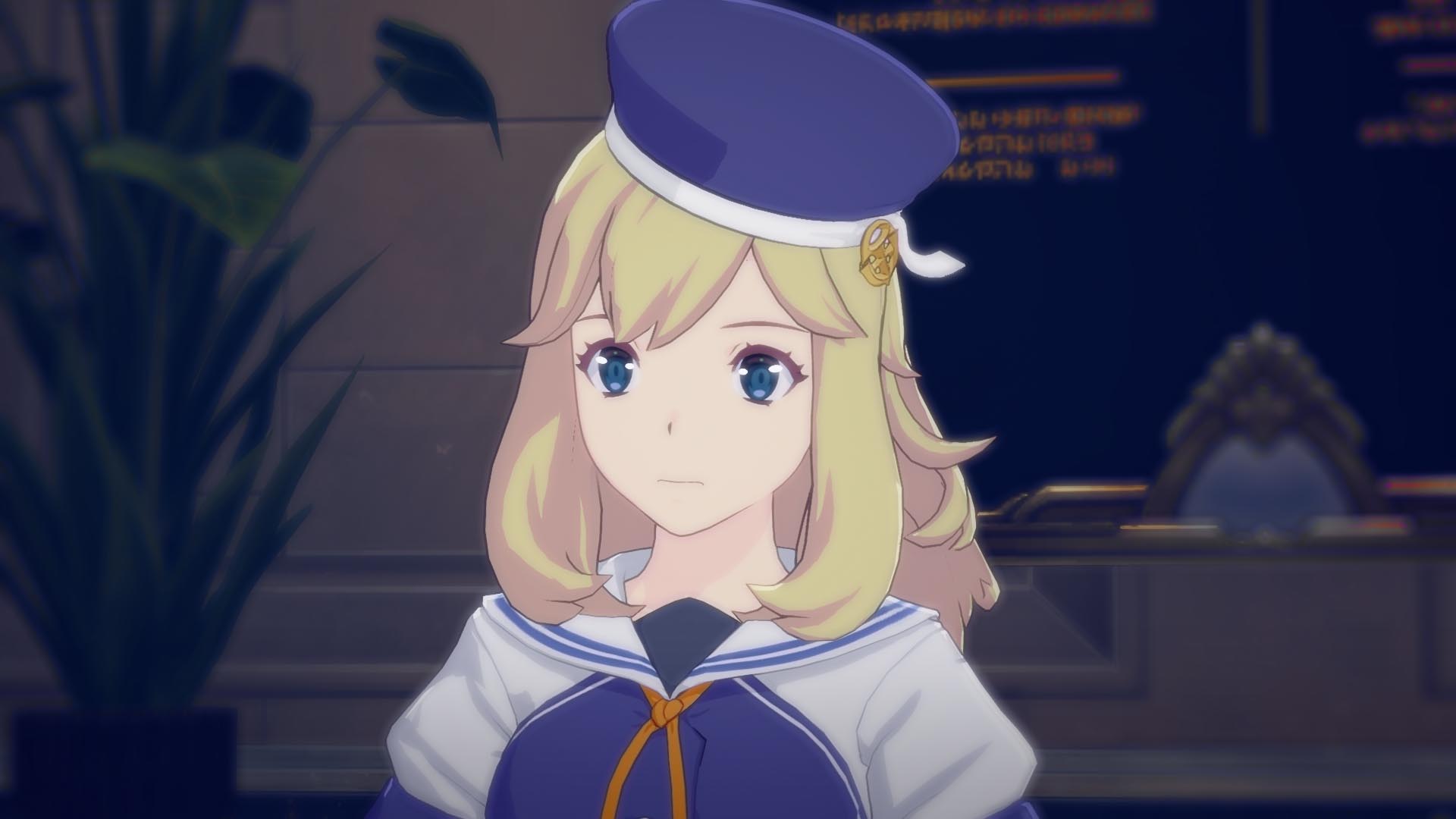 A close up of Millie.  She has blonde hair, blue eyes and she wears a blue and white Development Bureau uniform that includes a cap.