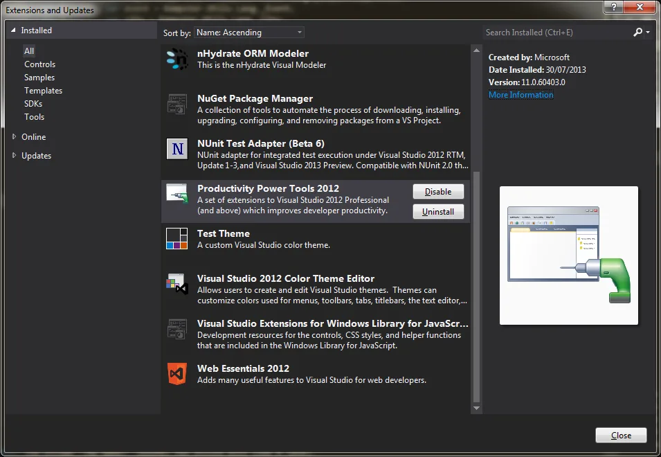 Visual Studio 2012 extensions window Visual Studio 2012 extensions window