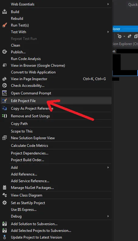 Edit project file context menu Edit project file context menu