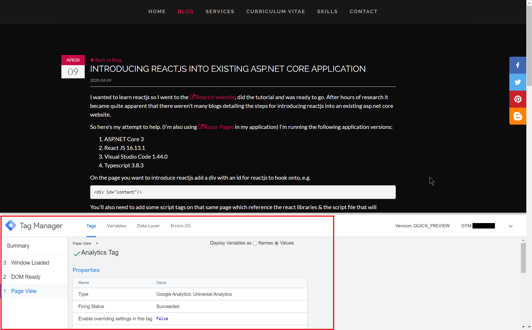 Google tag manager console window Google tag manager console window