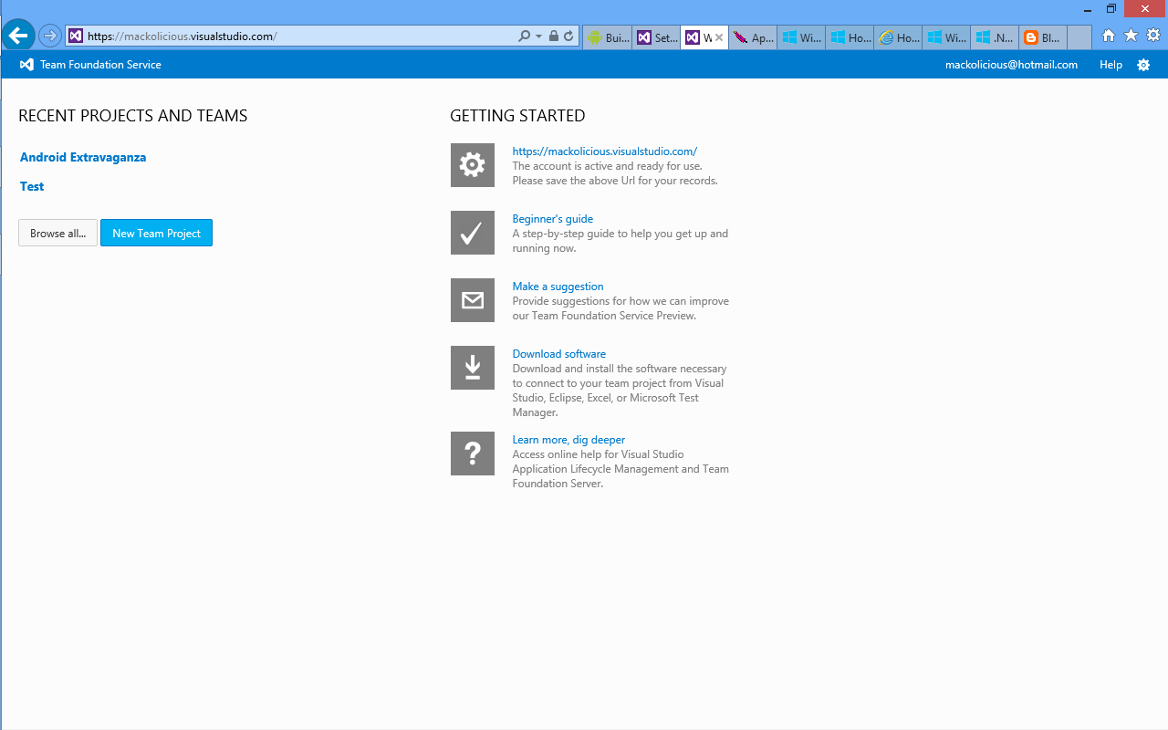 Team Foundation Service home page Team Foundation Service home page