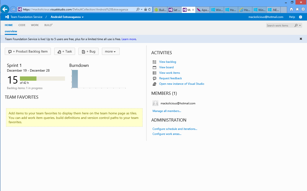 Team Foundation Service dashboard Team Foundation Service dashboard