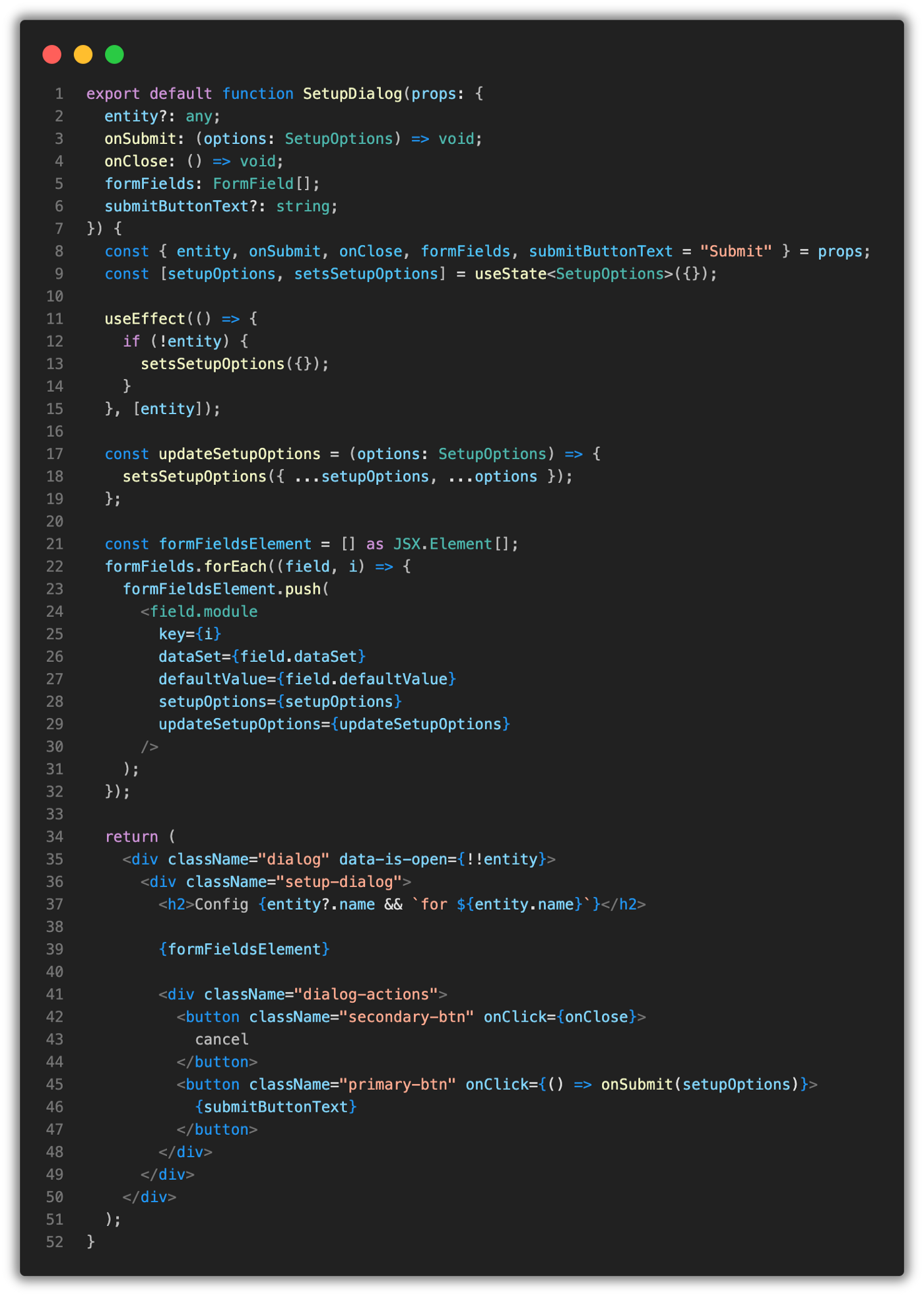 the module-based component receives a generic “entity” prop instead of the tests of a suite, and a “formFields” array to specify which setup fields are needed for each case