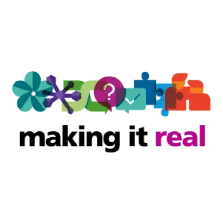 The text 'making it real' with colourful shapes above it, which include a question mark, a tick, a flower and jigsaw pieces.