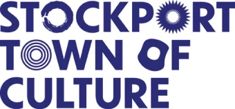 Blue all caps 'Stockport Town of Culture' logo with each 'o' representing a different part of the programme. Makes, sounds, moves, tastes.
