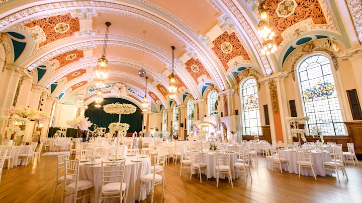 Stockport Town Hall ballroom with tables and chairs
