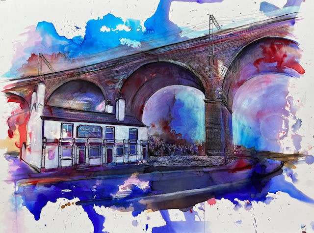 Styalised watercolour of Stockport viaduct by artist Kate O-Brien