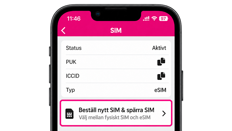 Bild på en mobiltelefon som är inloggad i Comviq-appen. Inramat i en rosa box står texten "Beställ nytt SIM & Spärra SIM"