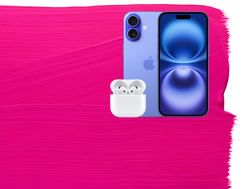 iPhone 16 i blå färg med AirPods 4 framför