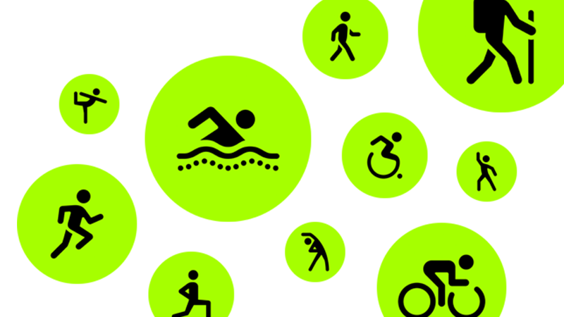Ikoner för olika sporter och aktiviteter som simning, vandring, löpning och cykling.