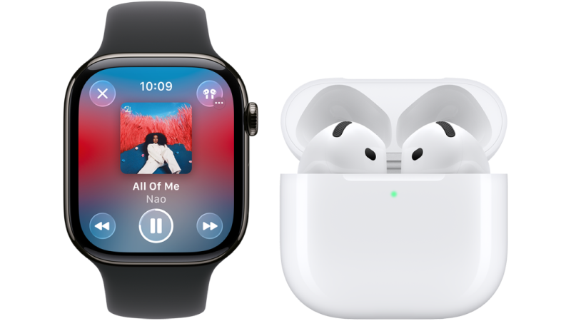 Apple Watch Ultra 3 med svart armband som visar musikspelare bredvid Airpods i laddningsfodral.