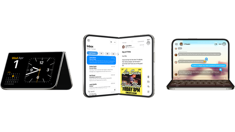 Tre vikbara smartphones visas i olika lägen: stängd med klocka, öppen med e-post och öppen med chattkonversation.