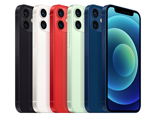 Fem iPhone 12 mini visade i olika färger: svart, vit, röd, grön och blå, med fram- och baksida synliga.