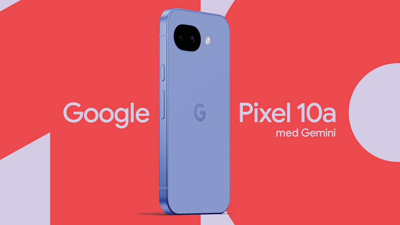 Google Pixel 10a mot en röd och lila bakgrund