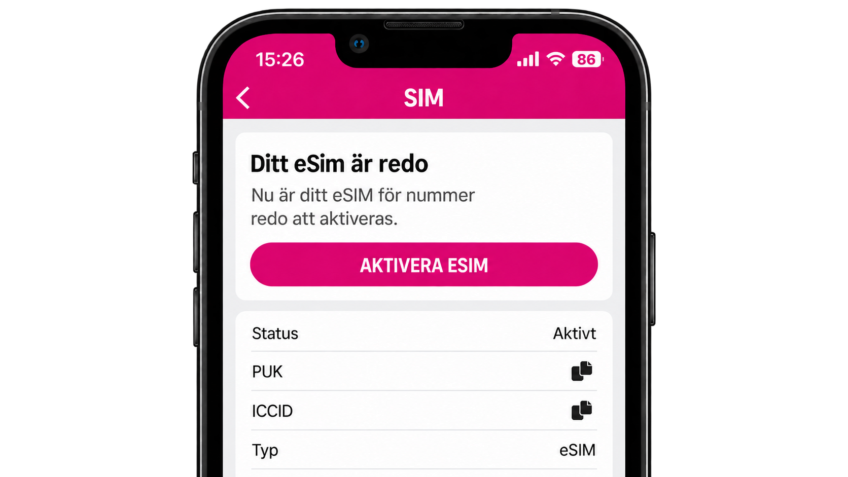 Bild på en mobiltelefon som är inloggad i Comviq-appen. På skärmen står det "Ditt eSIM är redo" med en rosa knapp under där det står "Aktivera eSIM"
