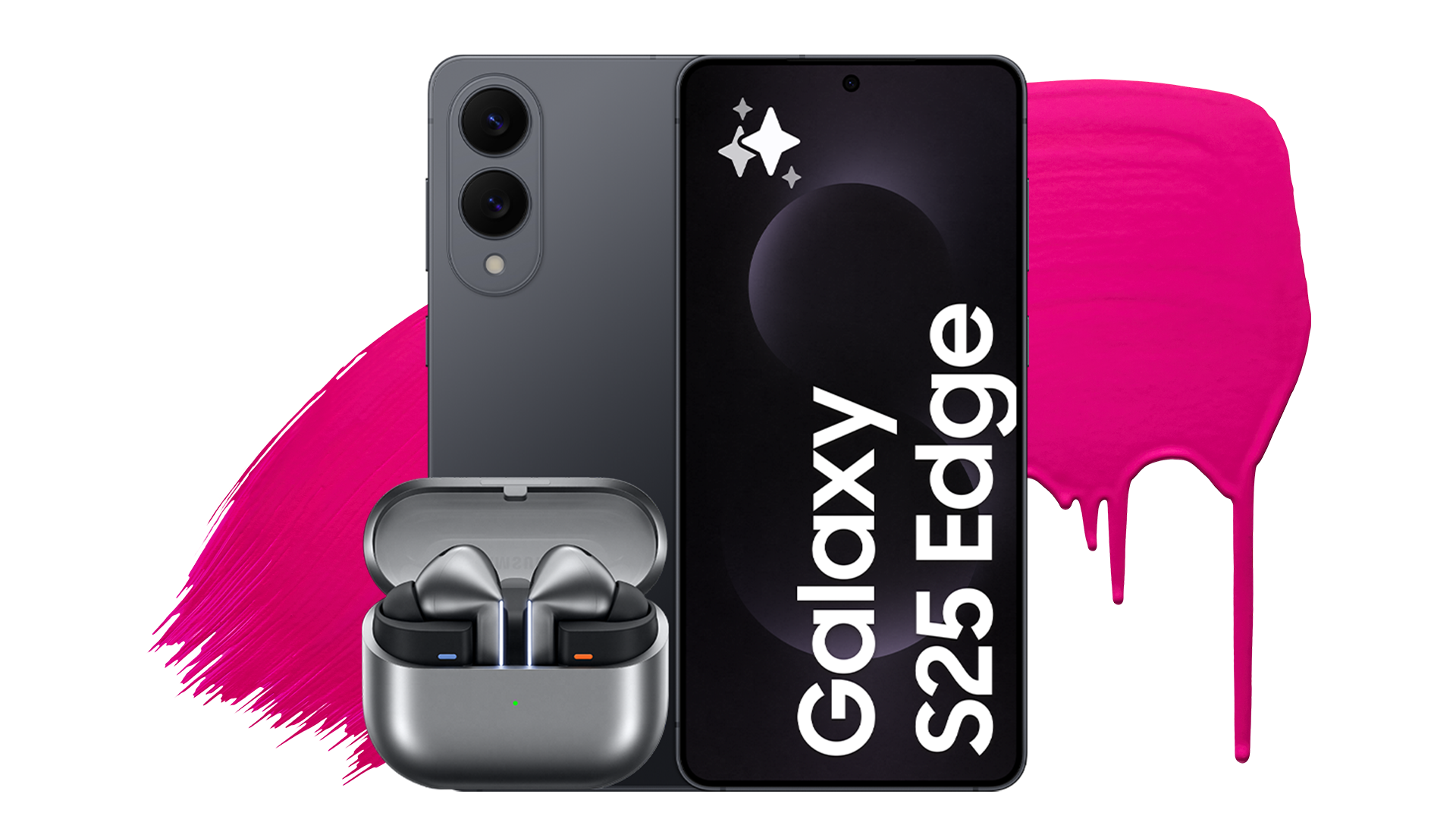 Galaxy S25 Edge, svart, tunna ramar, centrerad kamera högst upp på skärmes framsida. Två kameror och blixt längst upp till vänster på mobilens baksida. Framför mobilen, hörlurarna Galaxy Buds 3 Pro i silver.