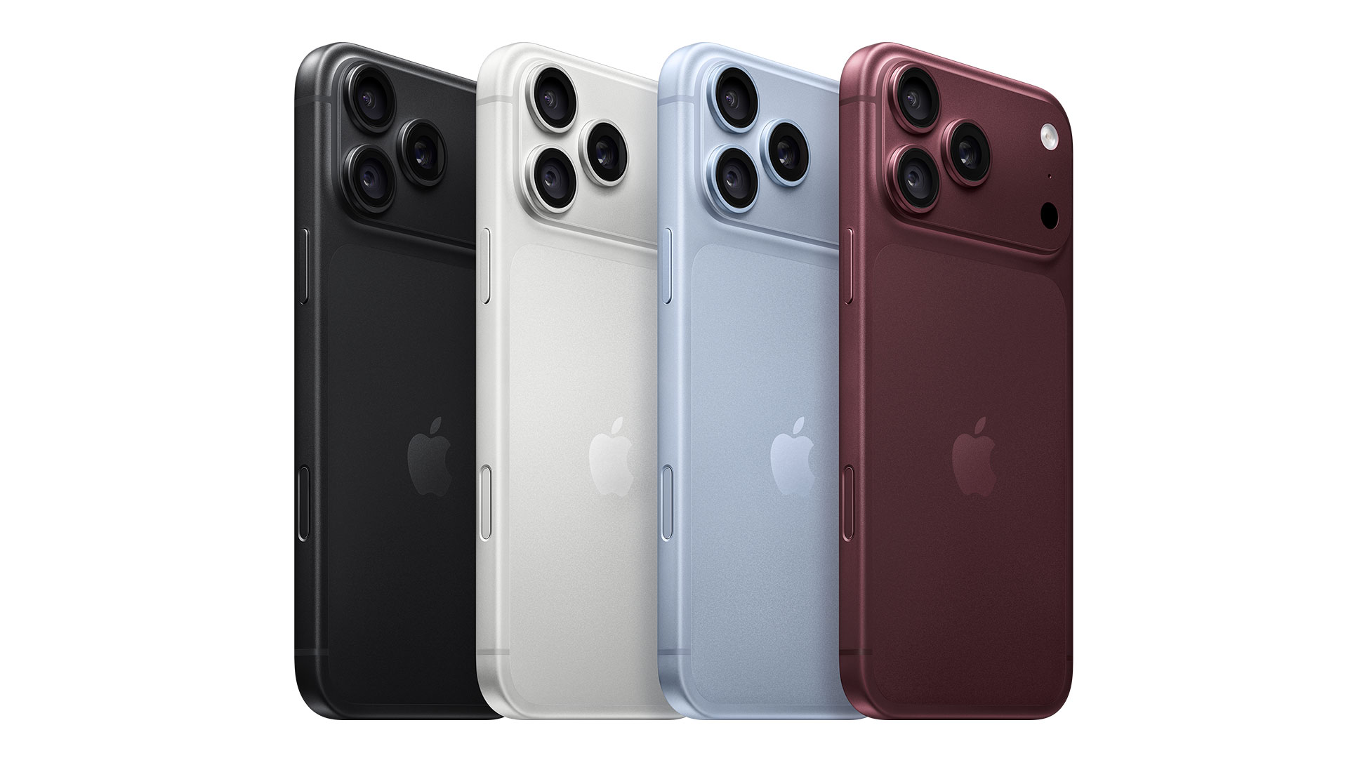Fyra iPhone 18 Pro Max visade bakifrån i färgerna svart, vit, ljusblå och vinröd med trippelkamerasystem.