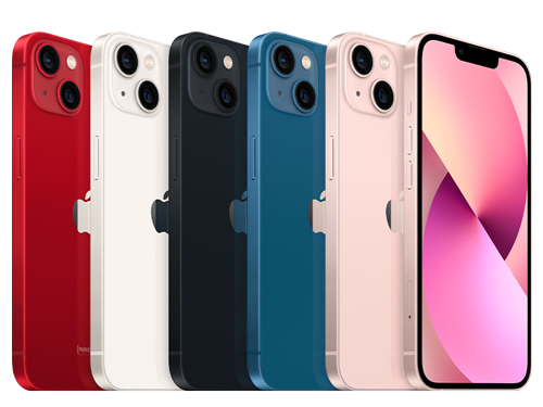 Sex iPhone 13 i olika färger: röd, vit, svart, blå, rosa och ljusrosa, visade från baksidan och framsidan.