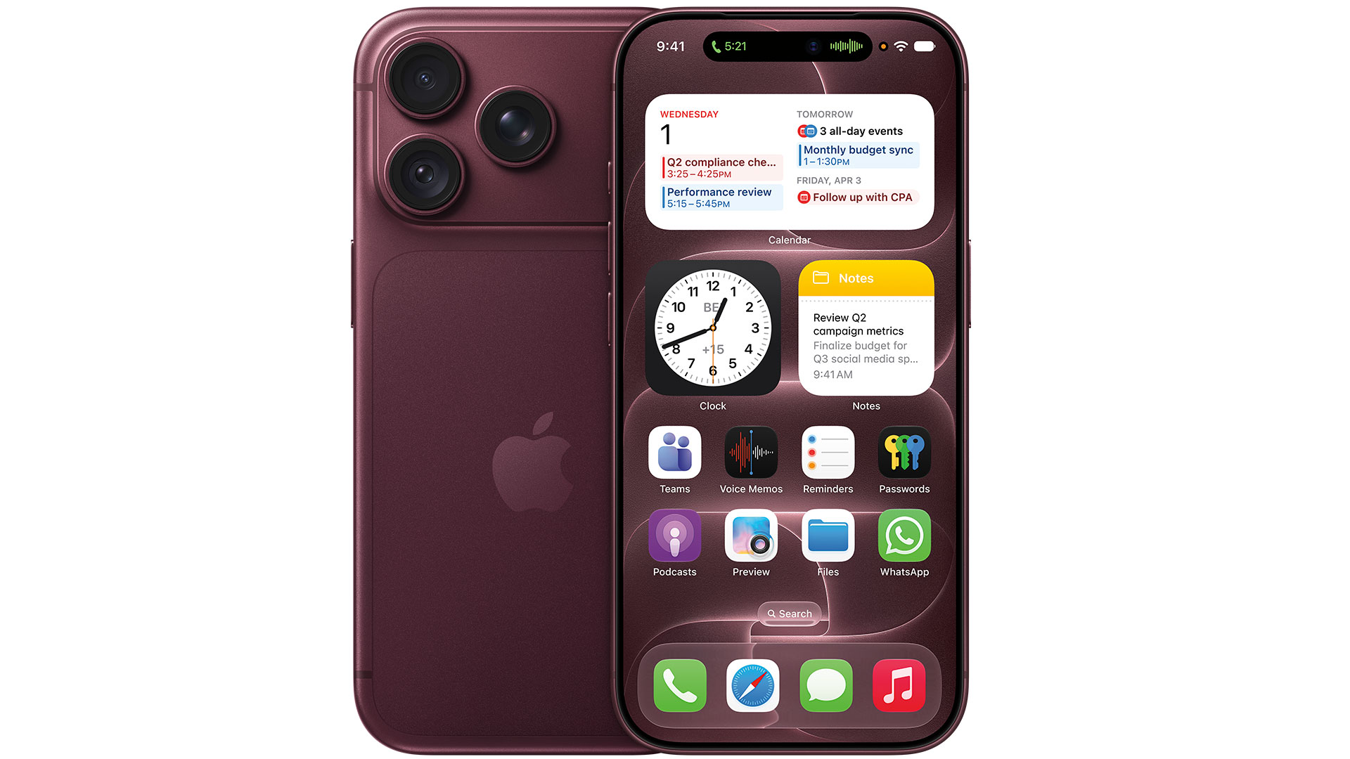 Vinröd iPhone 18 Pro framifrån med iOS-hemskärm och widgets, och bakifrån med trippelkamera.