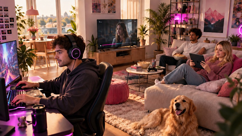 En man spelar datorspel med hörlurar, två personer sitter i soffa med surfplatta och TV, en golden retriever ligger på mattan.