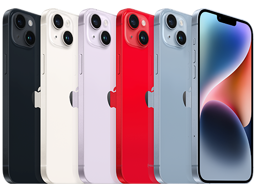 Fem iPhone 14-modeller visade i olika färger: svart, vit, lila, röd och blå, med framsidan av den blå synlig.