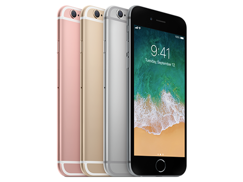 Fyra iPhone-modeller i roséguld, guld, silver och rymdgrå visas från bak- och framsidan mot vit bakgrund.