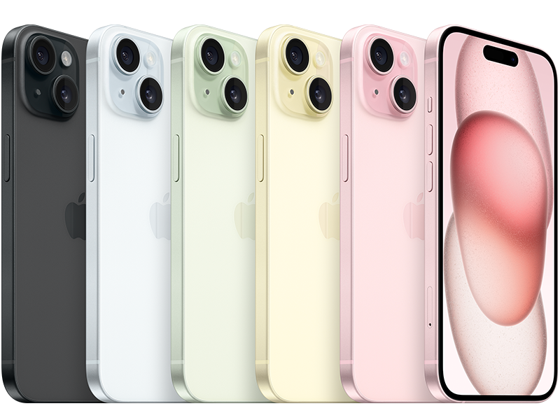Fem iPhone 15 i olika färger: svart, blå, grön, gul och rosa, visade från baksidan och framsidan.