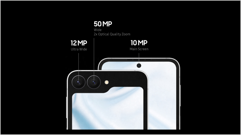 en Samsung Galaxy Z Flip7 FE med tre kameror: 50MP vidvinkel, 12MP ultravidvinkel och 10MP huvudskärm, visas på svart bakgrund.