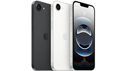 Produktbild på iPhone 16e, fram och baksida