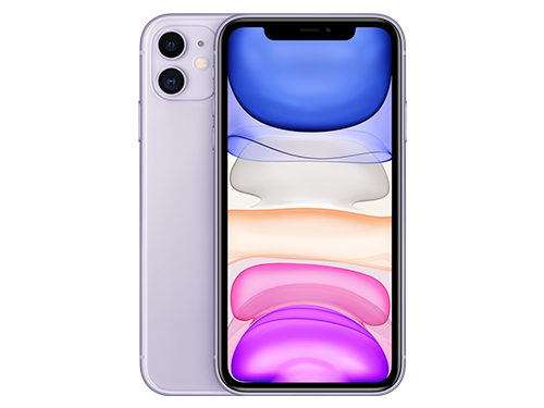 En lila iPhone 11 sedd framifrån med en färgglad skärm i lila, rosa och orange toner samt dubbla kameror på baksidan.