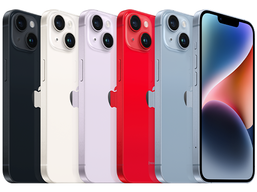 Fem iPhone 14-modeller i olika färger: svart, vit, lila, röd och blå, visade framifrån och bakifrån.