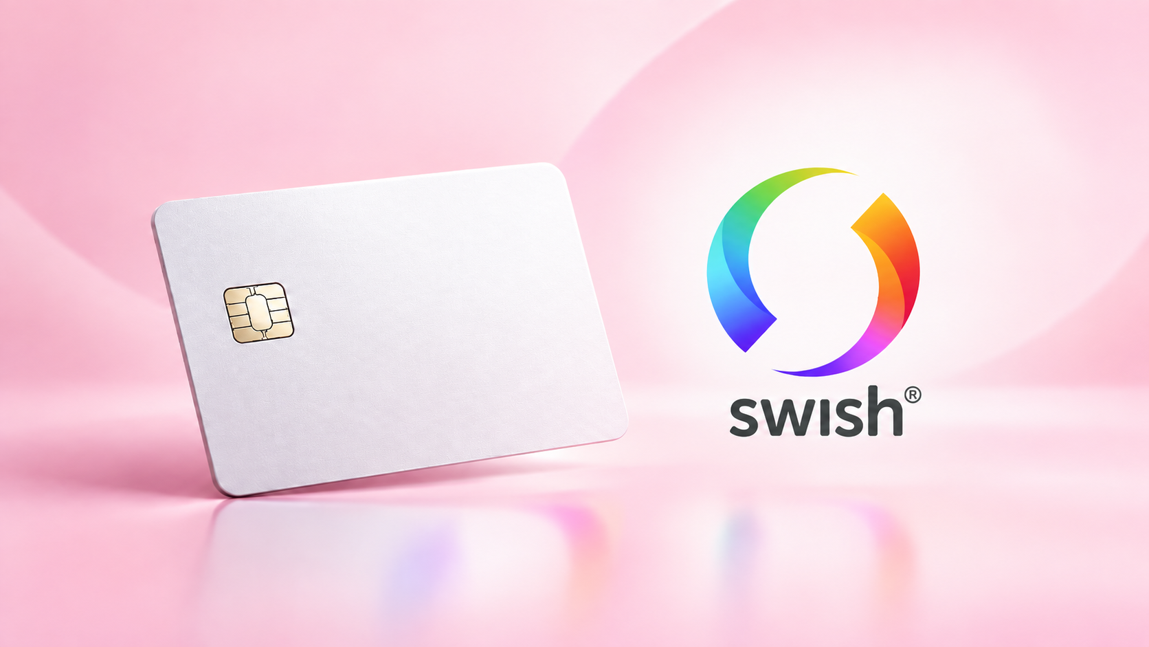 Bild på ett vitt betalkort, bredvid syns swish logga med texten "swish" under. Bakgrunden är ljusrosa. Bilden är AI-genererad.