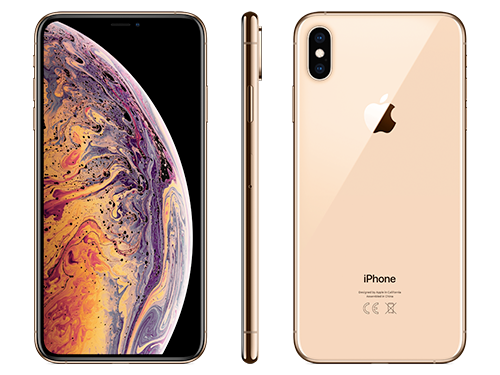 En guld iPhone XS Max visad framifrån med färgglad skärm, från sidan och bakifrån med dubbla kameror och Apple-logotyp.