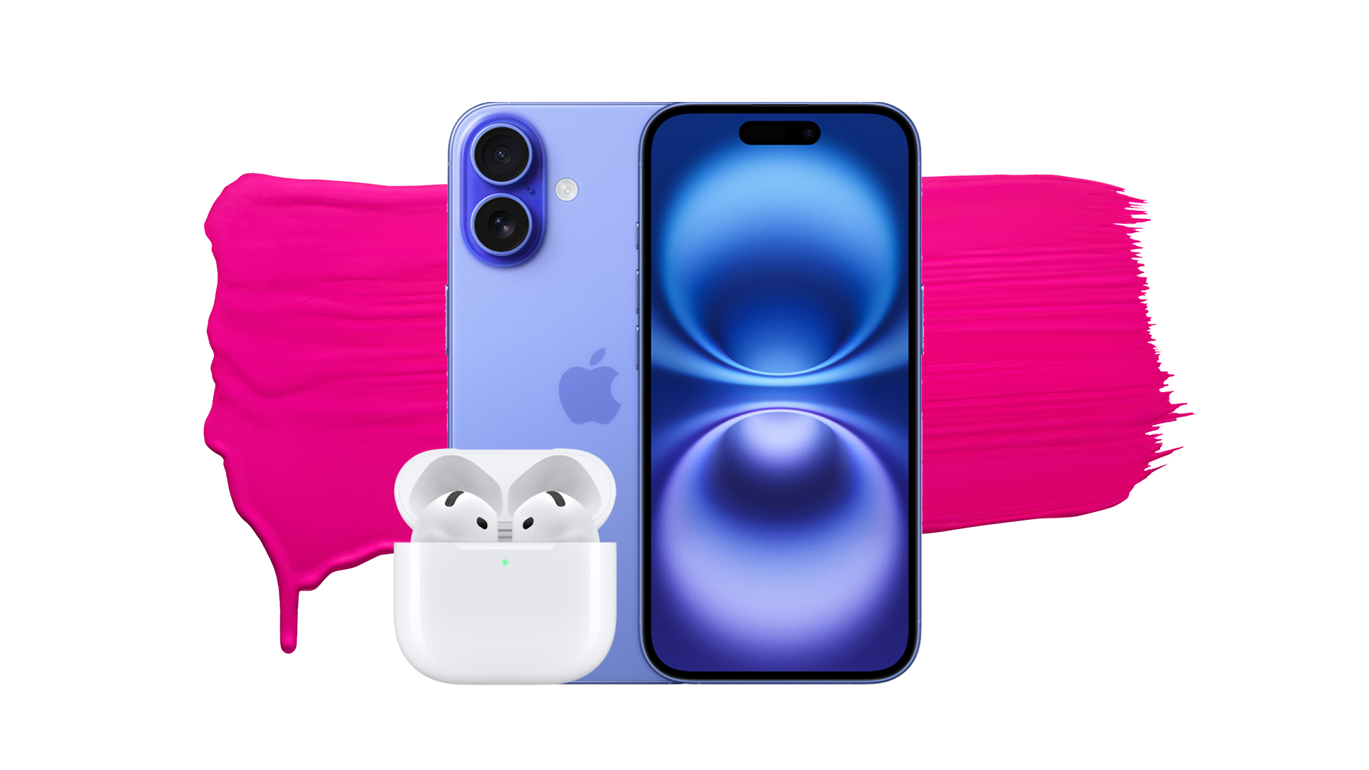 Blå iPhone 16 visad fram- och bakifrån med dubbla kameror, tillsammans med vita AirPods i öppet laddningsfodral