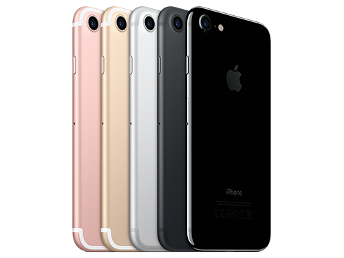 Fem iPhone 7 i olika färger: roséguld, guld, silver, grå och jet black, visade bakifrån mot vit bakgrund.