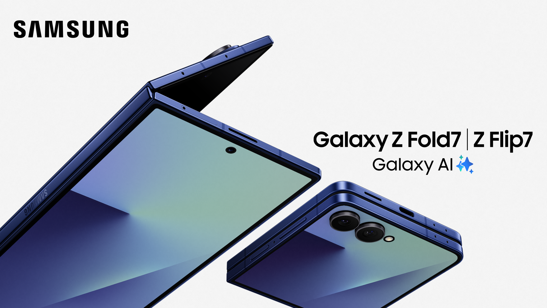 Blå Samsung Galaxy Z Fold7 och Z Flip7 vikbara telefoner med Galaxy AI-teknik visas från olika vinklar.