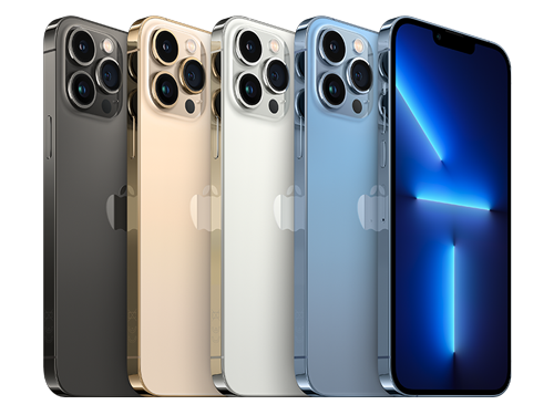 Fem iPhone 13 Pro-modeller i färgerna grafit, guld, silver och himmelsblå, visade från bak- och framsidan.