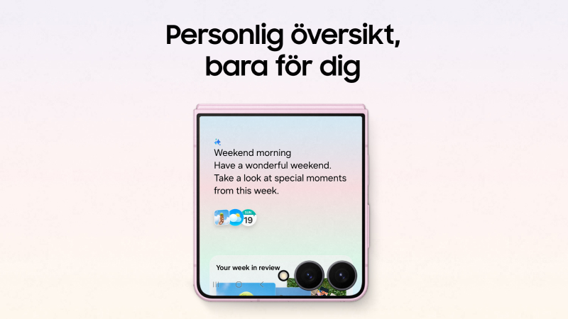 Rosa Samsung Galaxy Z Flip med ytskärm som visar ett personligt veckomeddelande och kameraobjektiv.