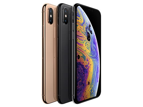 Tre iPhone XS visas i färgerna guld, rymdgrå och silver, med baksida och framsida synliga mot vit bakgrund.