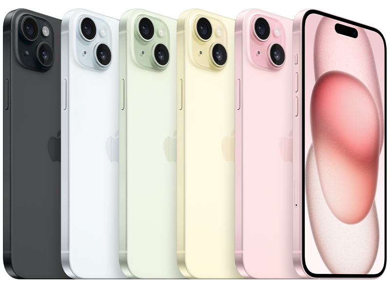 Fem iPhone 15 i olika färger: svart, blå, grön, gul och rosa, visade från baksidan och framsidan.