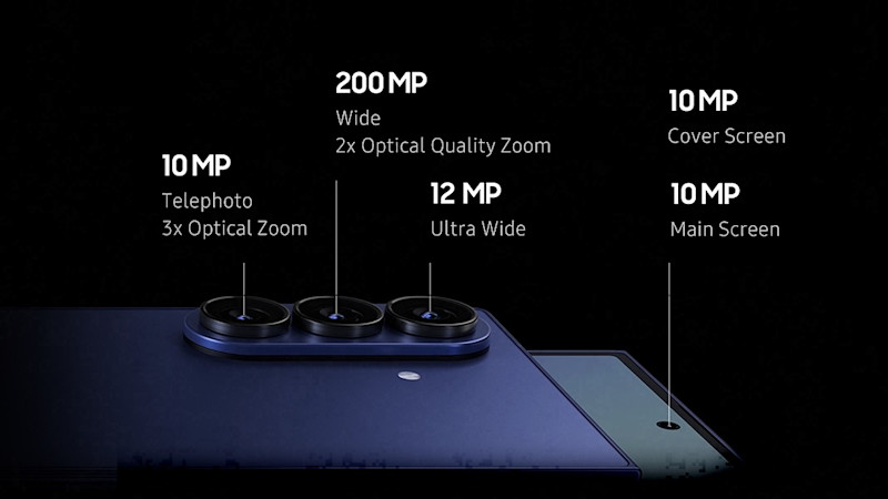 Blå Samsung Galaxy Z Fold7 med kameraspecifikationer: 200MP huvudkamera, 12MP ultravidvinkel, 10MP telefoto och två 10MP-kameror på respektive skärm.